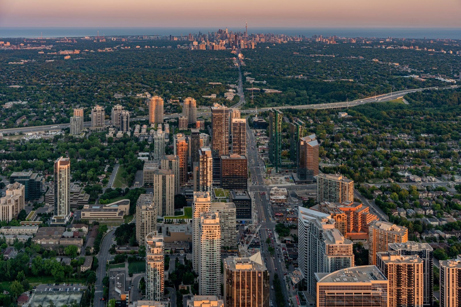 Aerial over the Greater Toronto Area at golden hour
